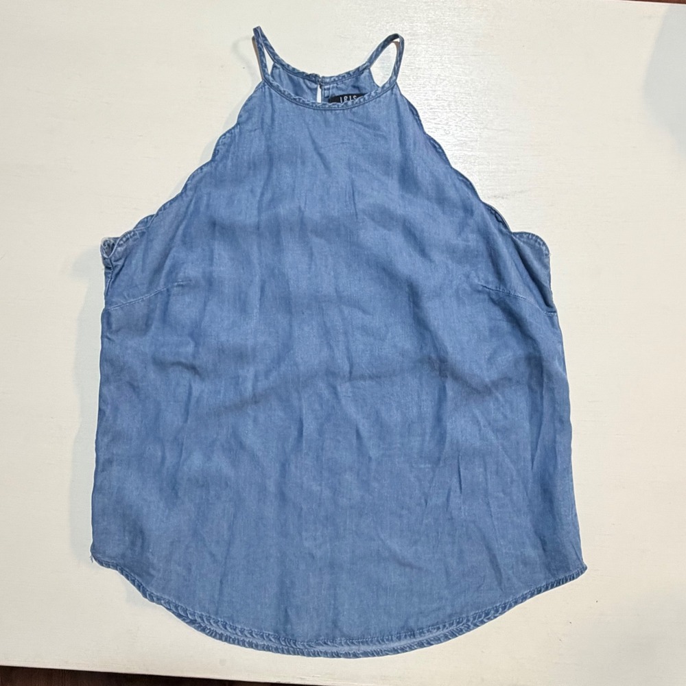 IRIS Blue Lyocell Chambray Halter Top Scalloped Neckline Small